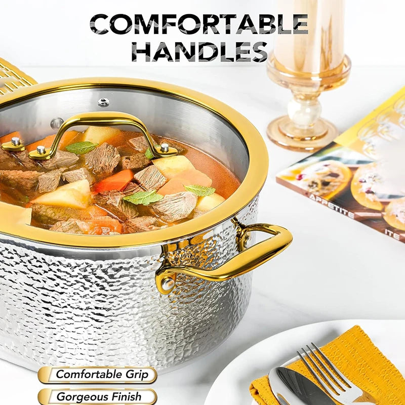 Premium Tri-Ply Luxury Hammered Stainless Steel Soup & Stock Pot with Golden-Rimmed Tempered Glass Lid & Golden Handles – 6-Quart Non-Stick Cooking Pot for Soups, Stews, Boiling Pasta, Frying, Searing, Stocks & One-Pot Meals