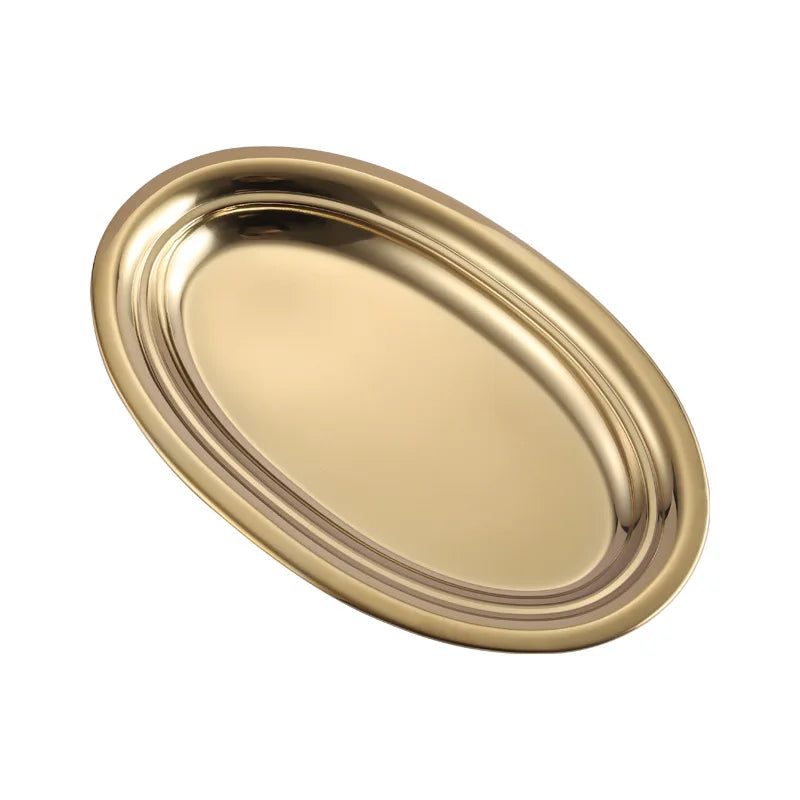 Golden 304 Stainless Steel Oval Plate – Flat Egg-Shaped Plate for BBQ, Grilled Fish, Noodles, Rice, Snacks, Desserts, Buffet & Daily Meals (Sizes: 25.5cm, 28cm, 30.5cm, 35cm, 39.5cm)