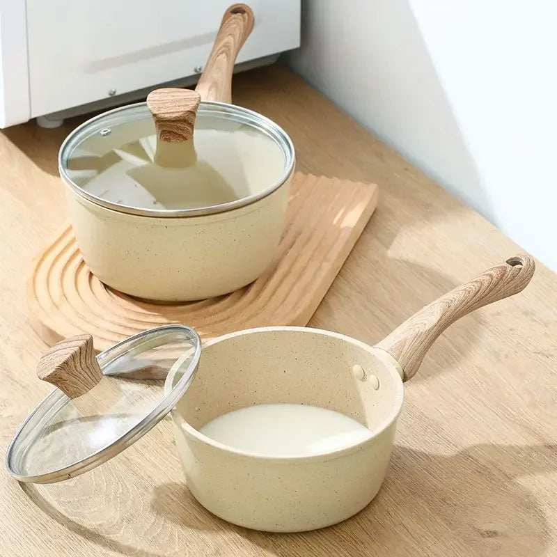 Maifan Stone Coated Non-Stick Saucepan with Wooden Handle – Multipurpose Pot for Boiling Milk, Heating Soups, Sauces & Daily Cooking – Available with or without Glass Lid – Induction & Gas Stove Compatible – Available in 16cm, 18cm & 20cm Sizes