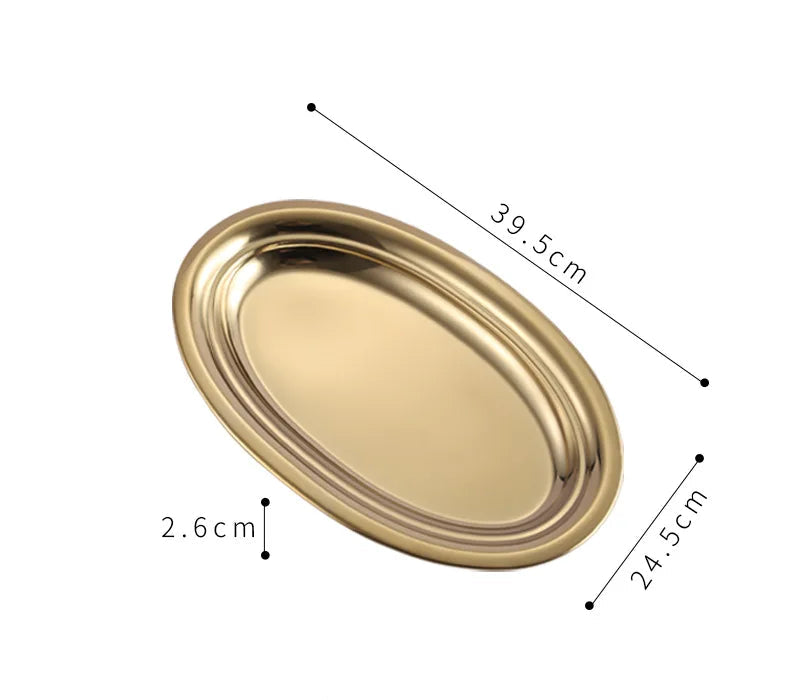Golden 304 Stainless Steel Oval Plate – Flat Egg-Shaped Plate for BBQ, Grilled Fish, Noodles, Rice, Snacks, Desserts, Buffet & Daily Meals (Sizes: 25.5cm, 28cm, 30.5cm, 35cm, 39.5cm)