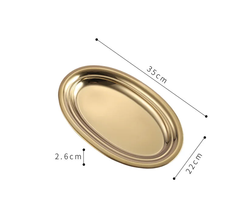 Golden 304 Stainless Steel Oval Plate – Flat Egg-Shaped Plate for BBQ, Grilled Fish, Noodles, Rice, Snacks, Desserts, Buffet & Daily Meals (Sizes: 25.5cm, 28cm, 30.5cm, 35cm, 39.5cm)