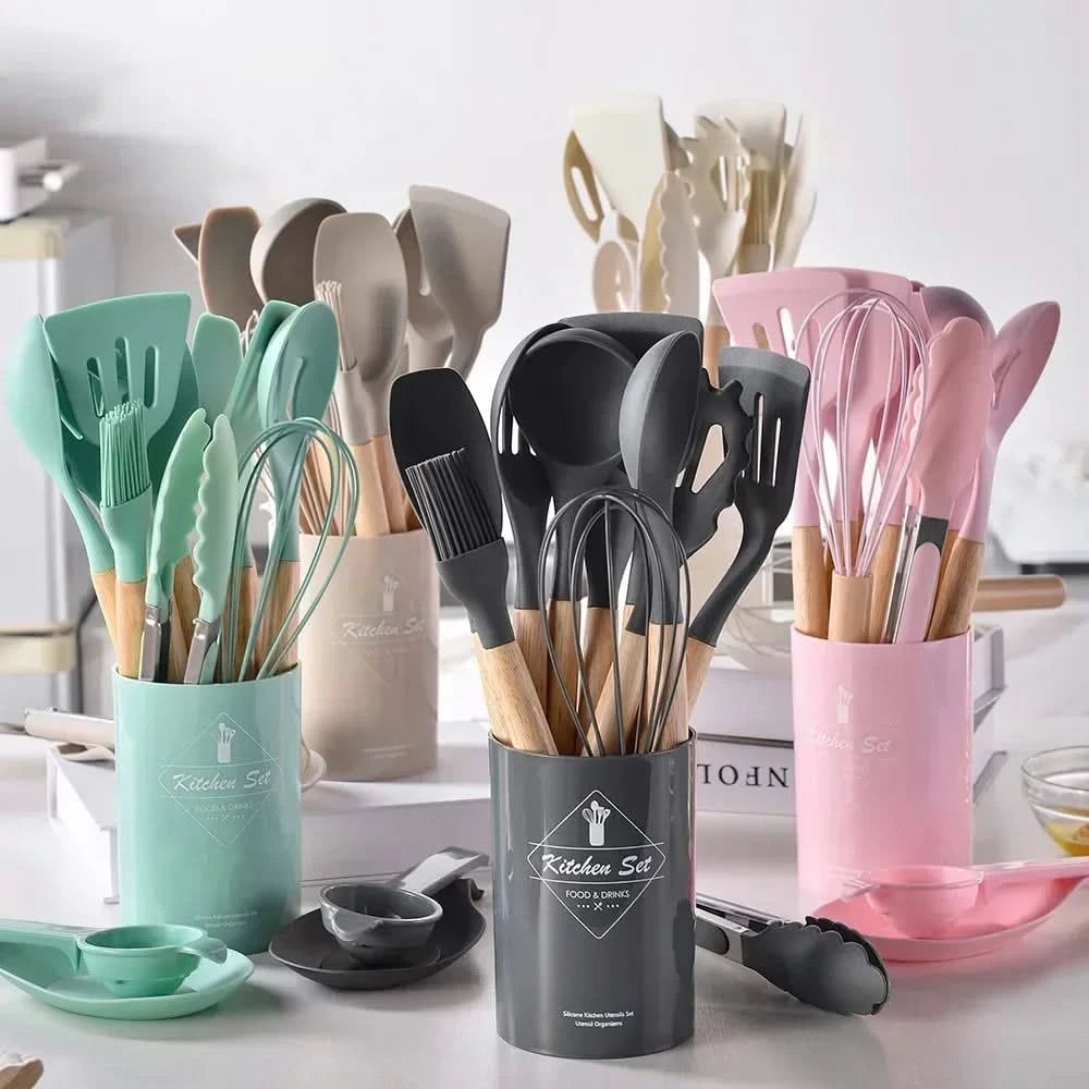 12-Piece Food-Grade Silicone Kitchen Utensils Set – Versatile Cooking Tools with Turner, Spatula, and Measuring Spoons for Everyday Use