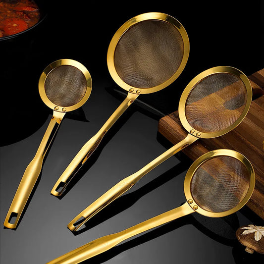 Golden Stainless-Steel Strainer, Sieve– Fine Mesh Skimmer with Long Handle (Available in 12cm, 14cm, 16cm)