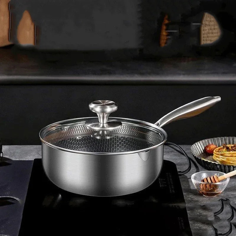 Honeycomb Stainless Steel Saucepan with Glass Lid & Long Handle – Saucepan for Boiling Milk, Soups, Sauces & Daily Meals – Heat-Resistant Grip – Induction & Gas Stove Compatible – 20cm