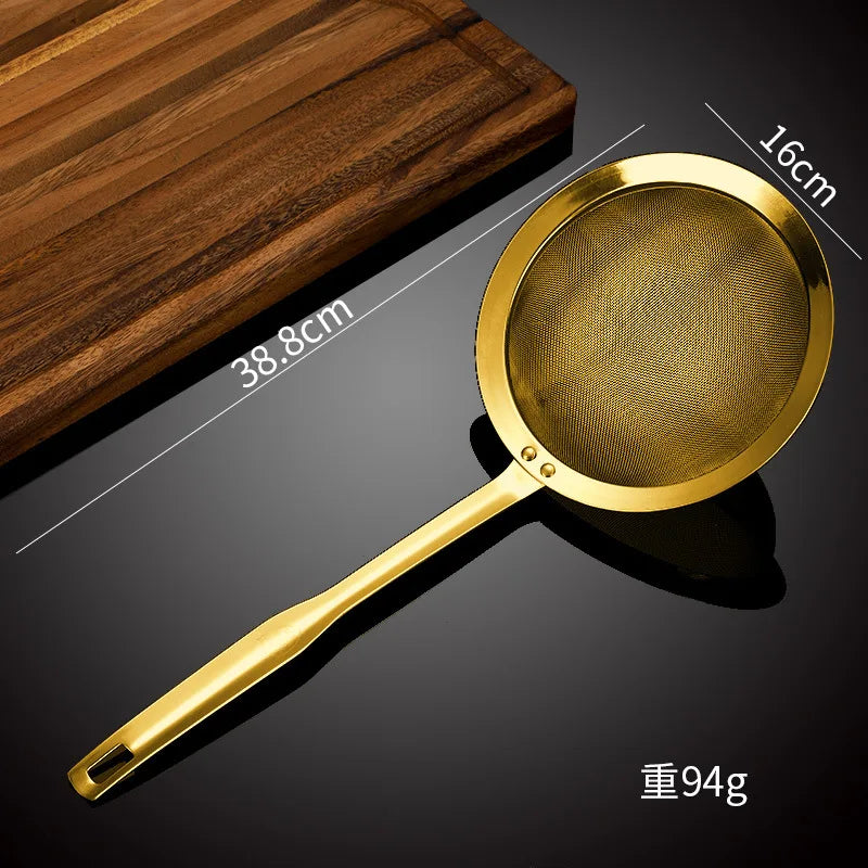 Golden Stainless-Steel Strainer, Sieve– Fine Mesh Skimmer with Long Handle (Available in 12cm, 14cm, 16cm)