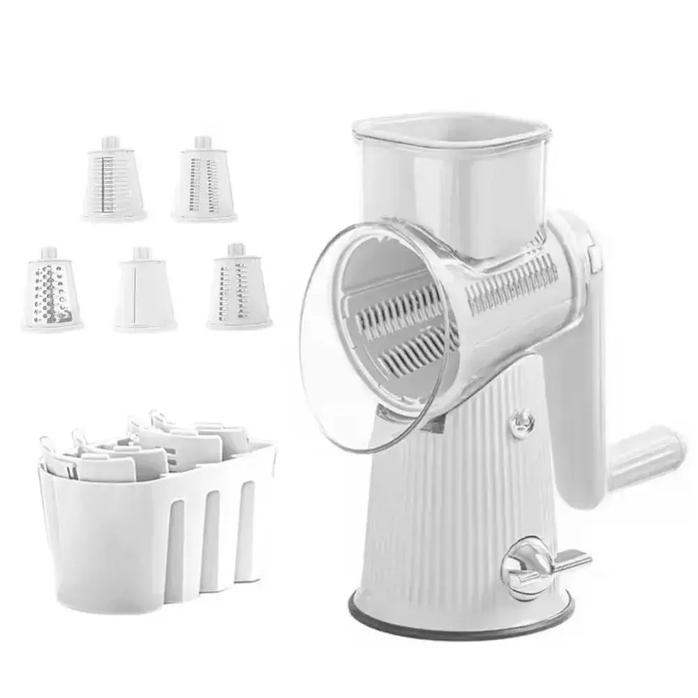 5-in-1 Rotary Cheese & Vegetable Grater with Handle & Suction Base (White) White