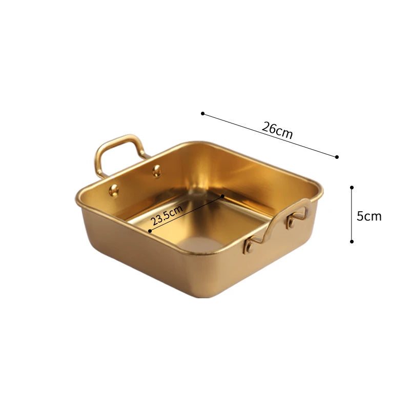 Golden Stainless Steel Square Tray with Handles – Durable Deep Base, Ideal for Baking, Grilling, Frying & More (Available in 16cm, 21cm, 26cm