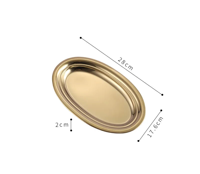 Golden 304 Stainless Steel Oval Plate – Flat Egg-Shaped Plate for BBQ, Grilled Fish, Noodles, Rice, Snacks, Desserts, Buffet & Daily Meals (Sizes: 25.5cm, 28cm, 30.5cm, 35cm, 39.5cm)