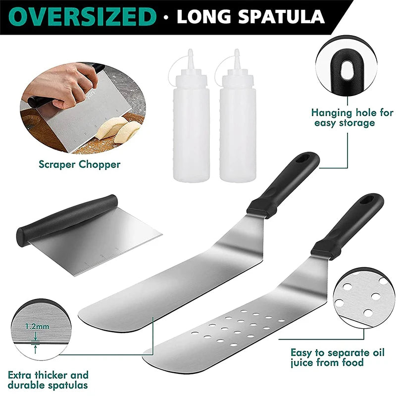 12-Piece Professional Heavy-Duty Stainless Steel Griddle Spatula Set with Utensils & Carry Bag – Includes Spatulas, Turners, Scrapers, Tongs, Bottles, Ring Moulds, Basting Brush & Storage Bag – Ideal for Flat Top Grilling, Teppanyaki, Hibachi & BBQ