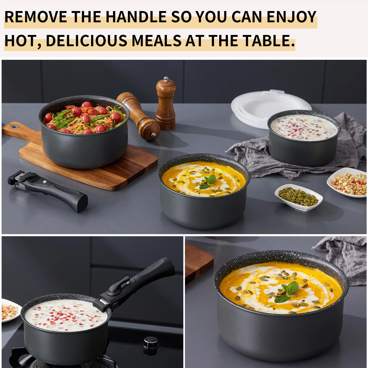 3 Piece Non-Stick Saucepan Set with Removable Handle & Sealing Lids – Stackable Induction Pots 16cm, 18cm & 20cm – Great for Small Kitchens, Caravans & Camping