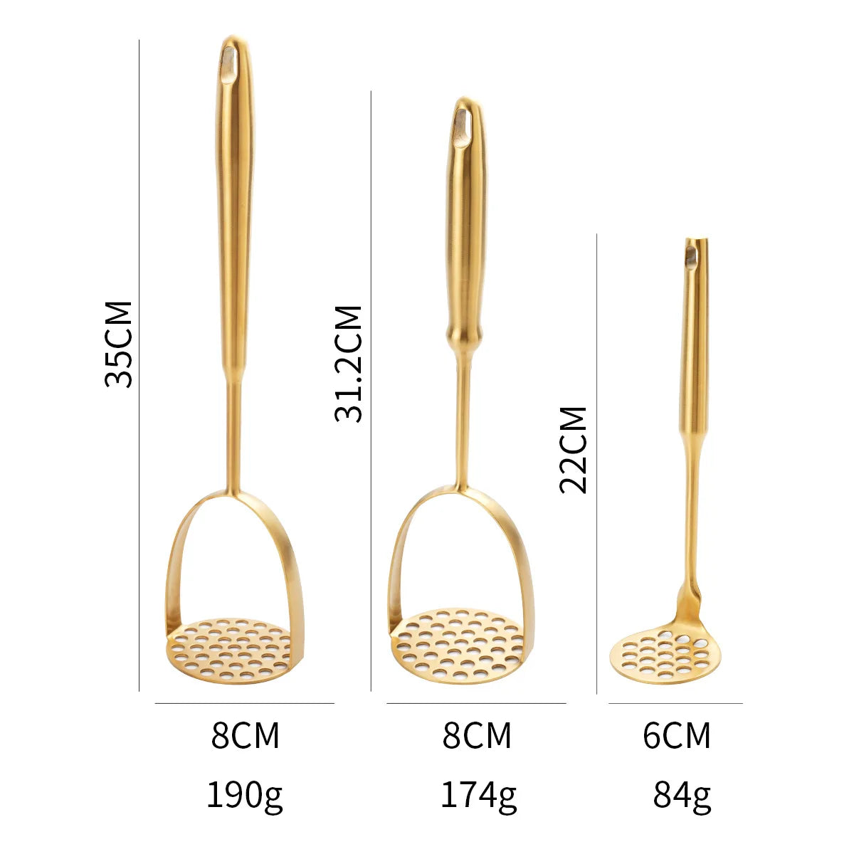 Golden Stainless Steel Potato Masher – Manual Food Crusher for Potatoes, Pumpkin & Baby Food, Garlic, & More (Available in Small, Medium & Large)