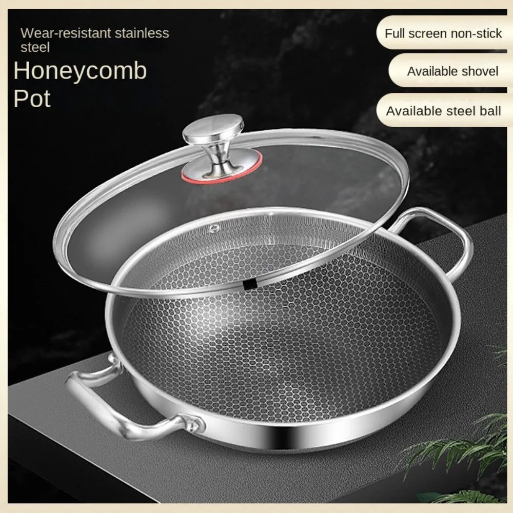 Honeycomb Stainless Steel Frying Pan & Soup Pot with Lid – Multi-Purpose, Double-Sided Non-Stick Deep Cooking Pot for Frying, Stewing, Soup, Stock & Daily Cooking – For Gas & Induction – Available in 32cm