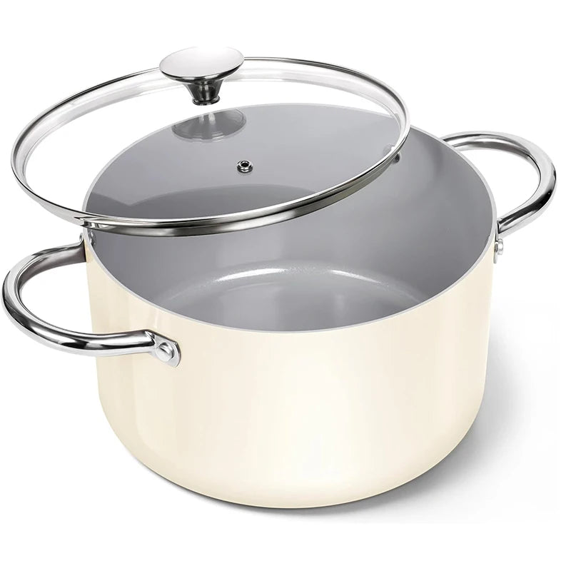 Non-Stick Ceramic Stock Pot with Glass Lid – 6-Quart Cooking Pot Induction-Compatible – Ideal for Soups, Stews, Curries, Simmering, Sautéing & One-Pot Meals – Available in Green, Blue & White