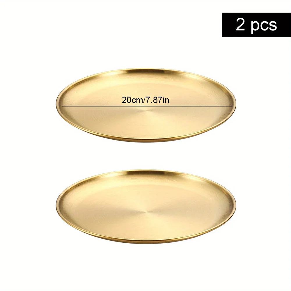 2Pcs Golden Stainless Steel Round Plate Set – Rust-Proof Shallow Trays for BBQ, Picnic & Kitchen Use (6 Sizes: 14cm–30cm)
