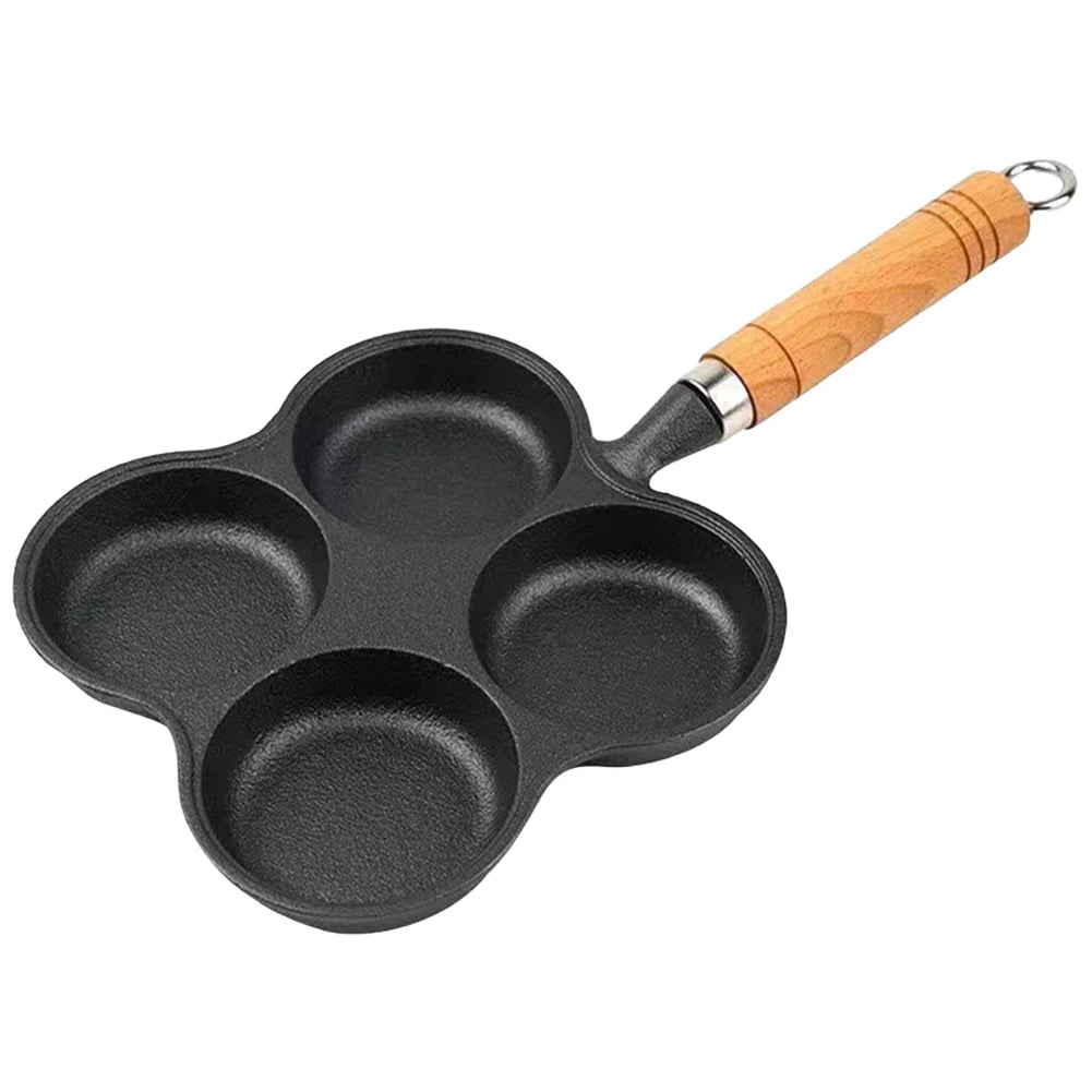 4 Hole Egg Pan with Wooden Handle – Non-Stick Cast Iron Breakfast Burger & Pancake Maker – Perfect for Eggs, Burgers & Pancakes