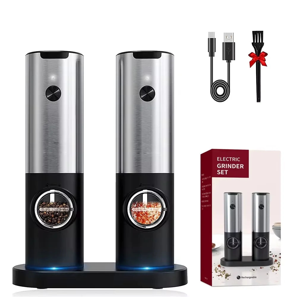 Rechargeable Electric Salt & Pepper Grinder Set β Stainless Steel or ABS Automatic Spice Mills with USB Rechargeable or Charging Base Options β Adjustable Coarseness for Salt, Pepper & Seasonings