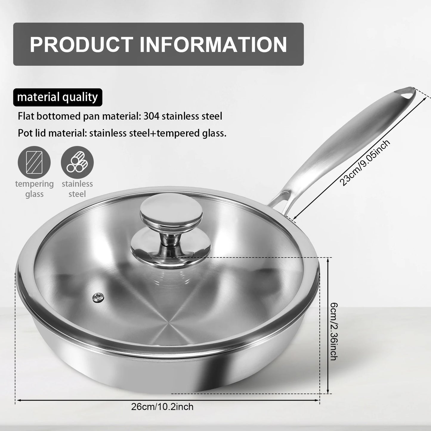 Stainless Steel Skillet with Clear Glass Lid – Uncoated, 304 Even-Heat Cooking Pan for Stir-Fry, Sauteing, Frying & Daily Kitchen Use – Size: 26cm