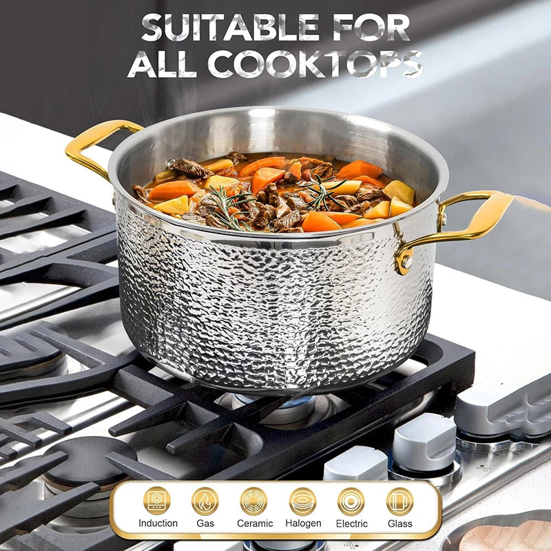 Premium Tri-Ply Luxury Hammered Stainless Steel Soup & Stock Pot with Golden-Rimmed Tempered Glass Lid & Golden Handles – 6-Quart Non-Stick Cooking Pot for Soups, Stews, Boiling Pasta, Frying, Searing, Stocks & One-Pot Meals