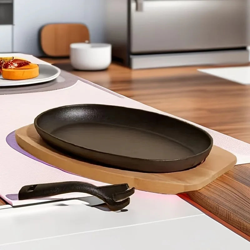 3-in-1 Cast Iron Sizzler Grill Platter Set – 24cm Oval Grill Pan with Wooden Base & Detachable Handle for Steaks BBQ Grilled Fish & Hot Sizzler Serving – Compatible with Gas Oven & Barbecue