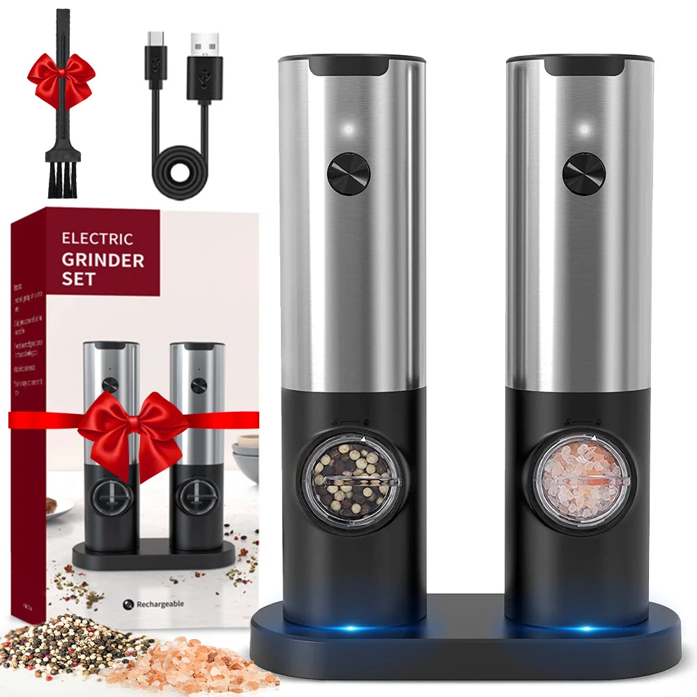 Rechargeable Electric Salt & Pepper Grinder Set β Stainless Steel or ABS Automatic Spice Mills with USB Rechargeable or Charging Base Options β Adjustable Coarseness for Salt, Pepper & Seasonings