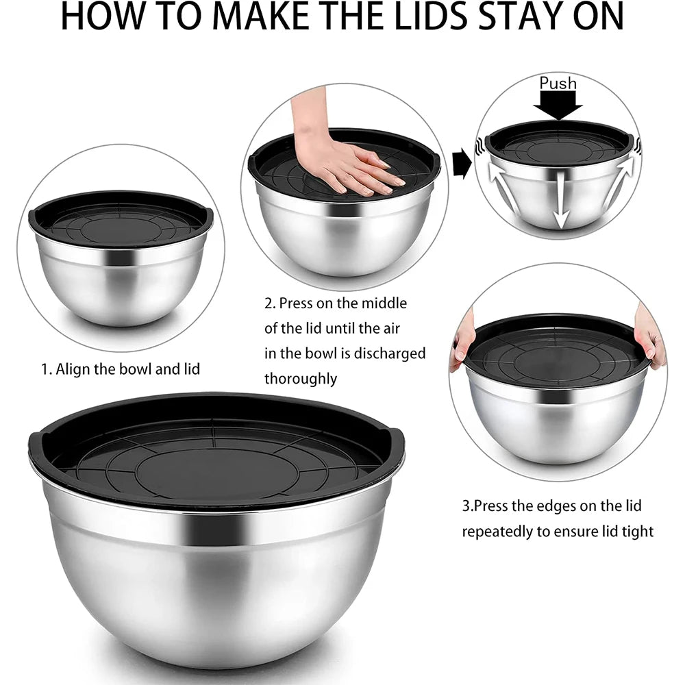 Stainless Steel Mixing Bowl Set with Airtight Lids – Multi-Purpose Kitchen Bowls for Mixing, Whisking, Serving, Storing & Food Prep – Fridge & Dishwasher Safe – Set Includes 6 Bowls in 18cm to 28cm Sizes