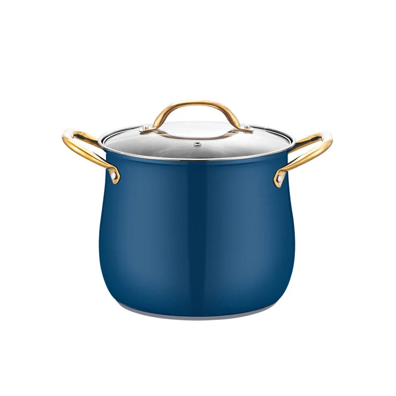 Stainless Steel Stock Pot with Glass Lid & Gold Handles – Thickened Base, Induction Compatible, Great for Soups, Stews, and Everyday Cooking