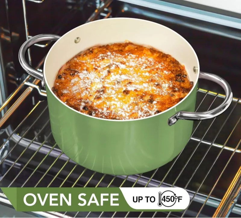 Non-Stick Ceramic Stock Pot with Glass Lid – 6-Quart Cooking Pot Induction-Compatible – Ideal for Soups, Stews, Curries, Simmering, Sautéing & One-Pot Meals – Available in Green, Blue & White