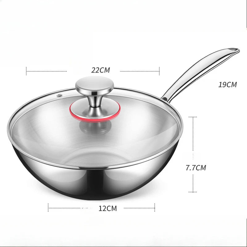 Stainless Steel Wok with Glass Lid & Long Handle- Durable Chef’s Cooking Wok Pan for Stir-Frying, Searing, Sautéing, Tossing Noodles, Frying Eggs, Omelettes & One-Pan Dishes – Compatible with Induction & Gas Stoves –(22cm)