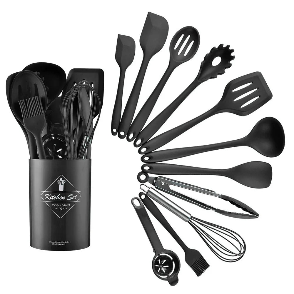 12-Piece Heat-Resistant Silicone Kitchen Utensils Set with Storage Holder – Available in Black, Green & Pink