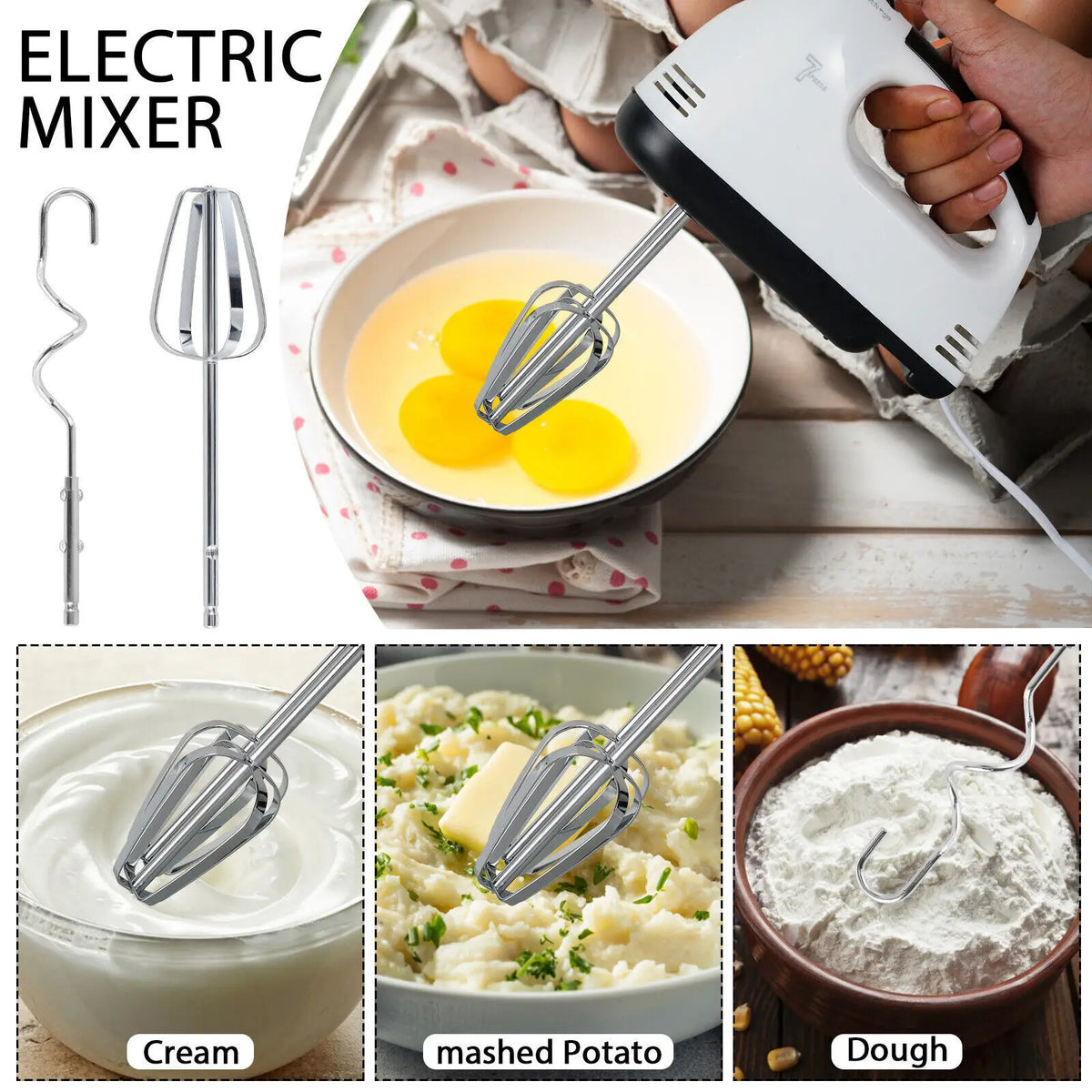 7 Speed Electric Hand Mixer – 260W Handheld Whisk with Dough Hooks & Beaters – Perfect for Cakes, Cream & Egg Whites