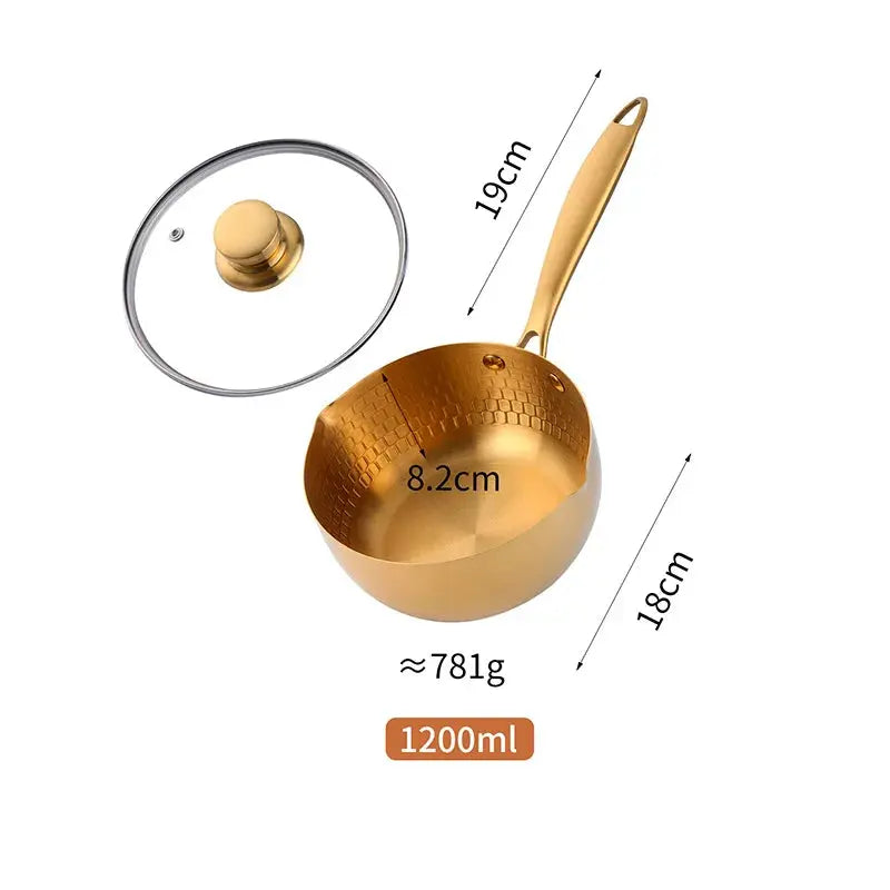Golden Stainless Steel Saucepan with Glass Lid & Long Handle – Saucepan for Boiling Milk, Soups, Sauces & Daily Meals – Heat-Resistant Grip – Induction & Gas Stove Compatible – 18cm Gold 1.2L