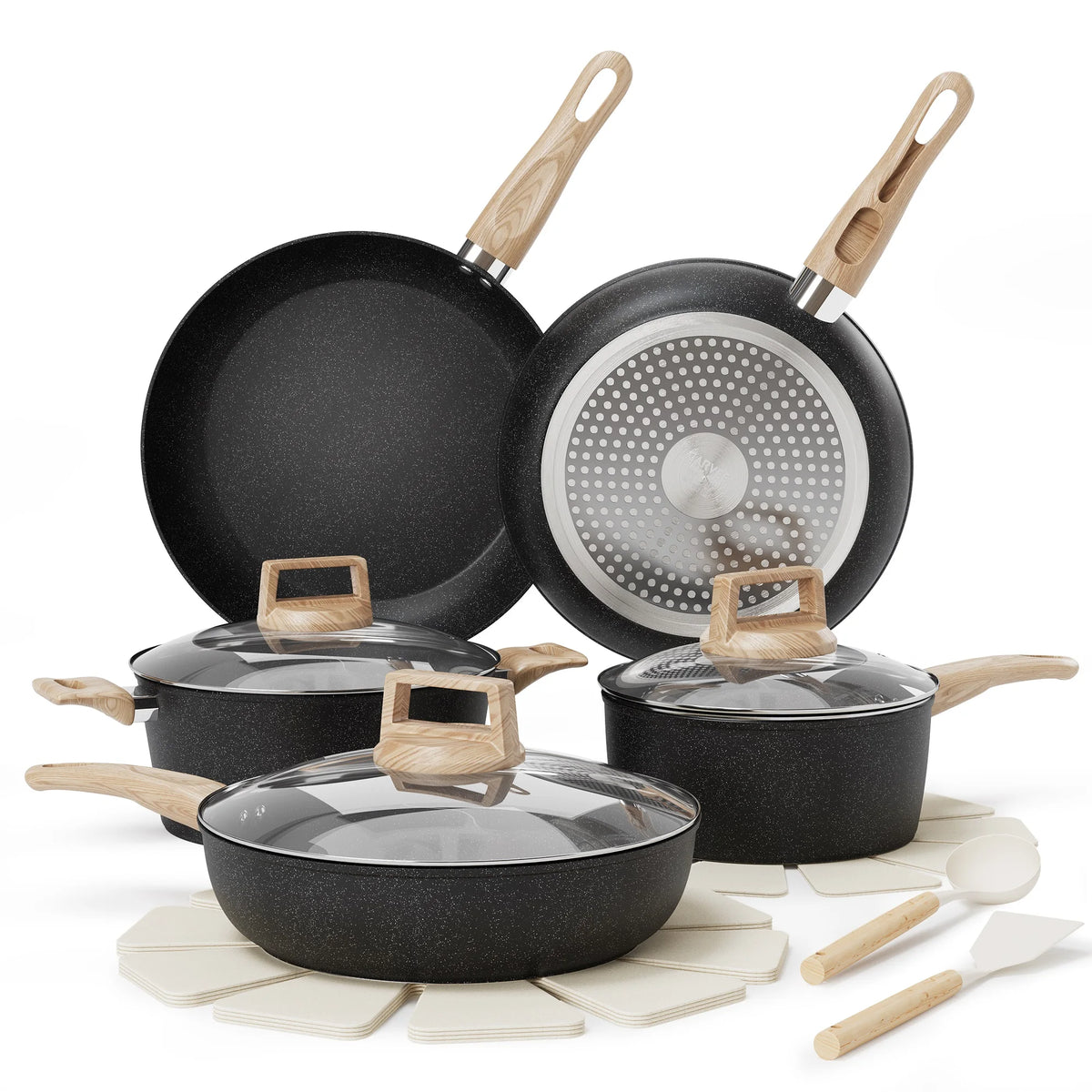 Ceramic Non-Stick Cookware Set 14 Piece with Woodgrain Handles – Induction Frying Pans, Sauté Pan, Saucepan & Stock Pot – Best for First Homes & Family Kitchens