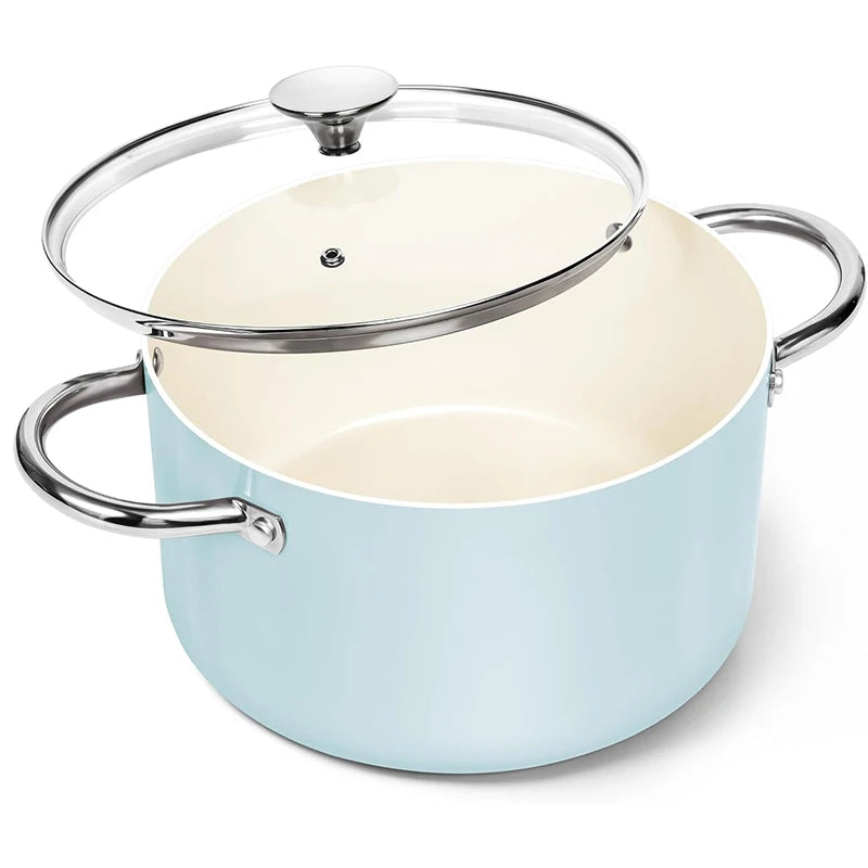Non-Stick Ceramic Stock Pot with Glass Lid – 6-Quart Cooking Pot Induction-Compatible – Ideal for Soups, Stews, Curries, Simmering, Sautéing & One-Pot Meals – Available in Green, Blue & White