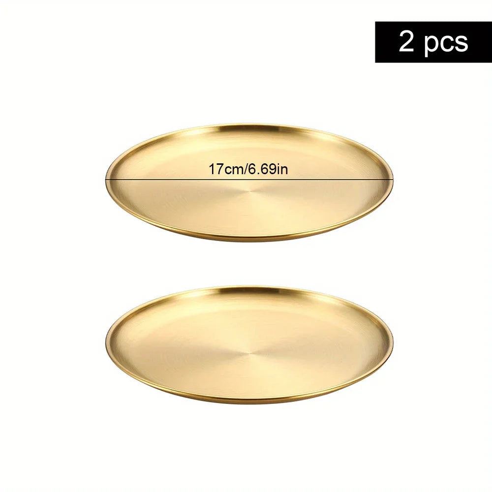 2Pcs Golden Stainless Steel Round Plate Set – Rust-Proof Shallow Trays for BBQ, Picnic & Kitchen Use (6 Sizes: 14cm–30cm)