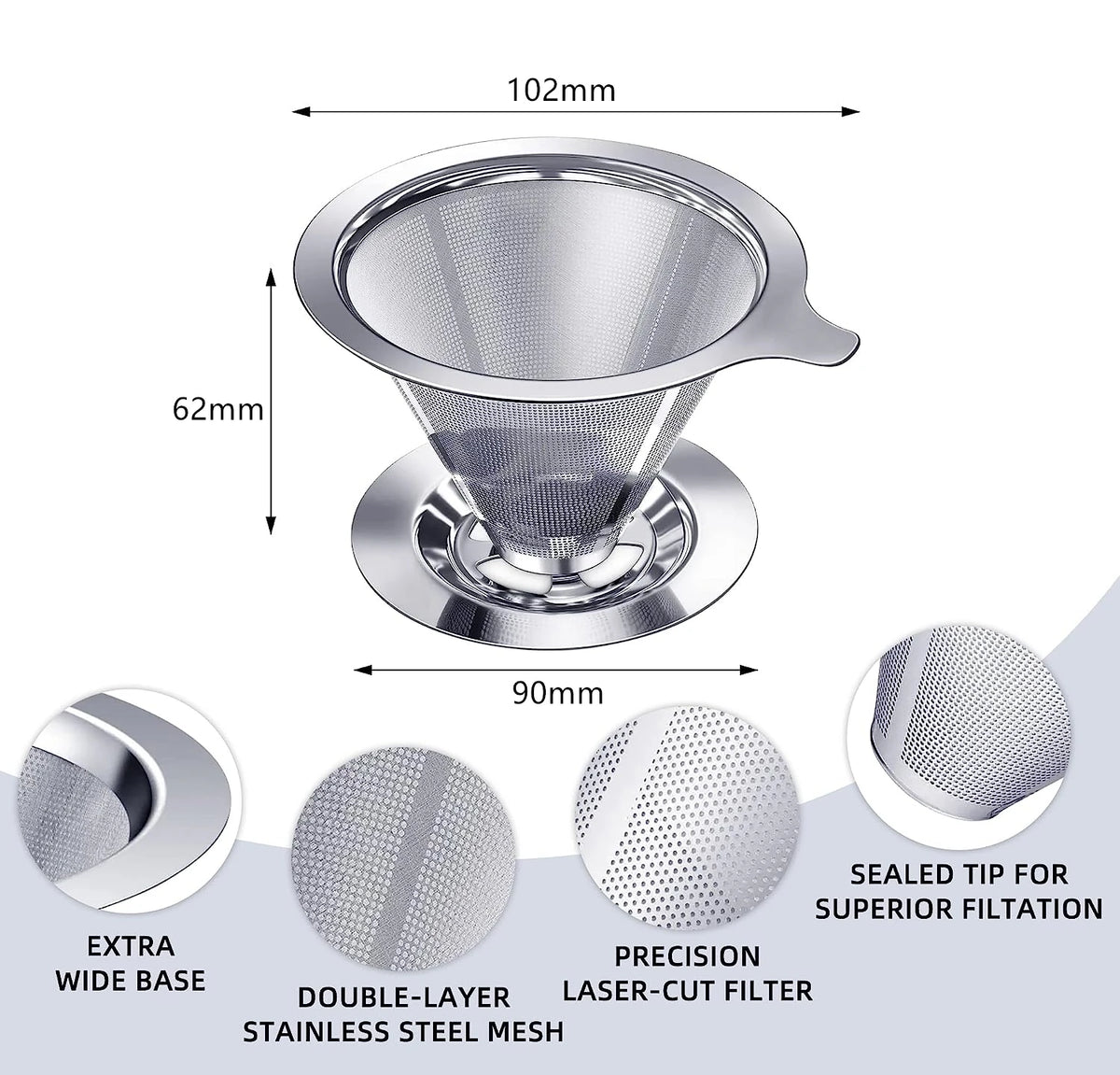 Stainless Steel Reusable Pour Over Coffee Dripper – Paperless Cone Coffee Filter for 1-4 Cups – Great for Fresh Filter Coffee at Home