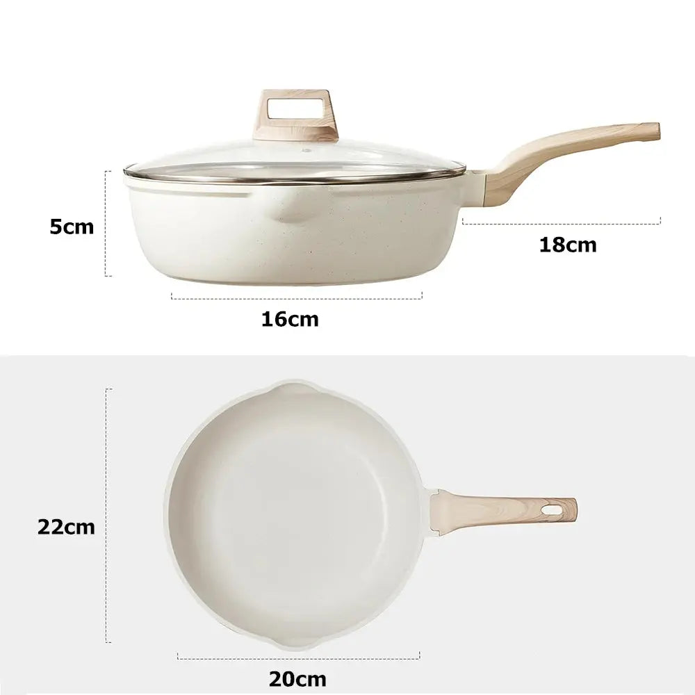 Granite Non-Stick Frying Pan with Glass Lid & Wood Grain Handle – Durable 3-Layer Cooking Skillet for Eggs, Pancakes, Searing, Sauces & Daily Meals – Dual Pouring Spout– Induction, Gas, Ceramic & Electric Compatible – Available in 20cm, 24cm, 28cm