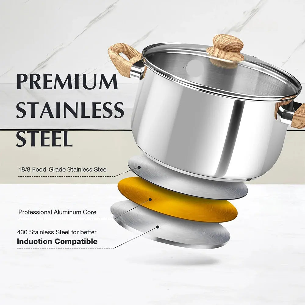 304 Stainless Steel Stock Pot with Lid & Wood-Touch Dual Handles – 8QT Multipurpose Satin Polish Finish Cooking Pot – Ideal for Soups, Stocks, Stews, Curries, Boiling Pasta, Simmering, Sautéing & One-Pot Meals Compatible Gas, Induction & Electric Stoves
