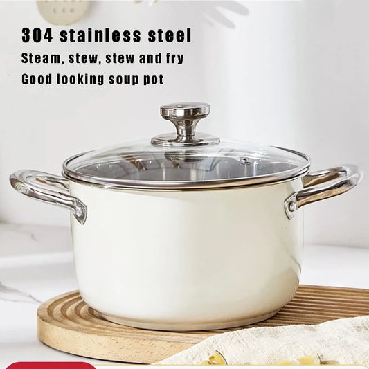304 Stainless Steel Non-Stick Soup/Stock Pot with Glass Lid – Ideal for Heating Milk, Soups, Stews, Curries, Simmering, Sautéing & One-Pot Meals – Induction, Gas & Electric Compatible – Available in 18cm, 20cm, 22cm & 24cm (Milky White)
