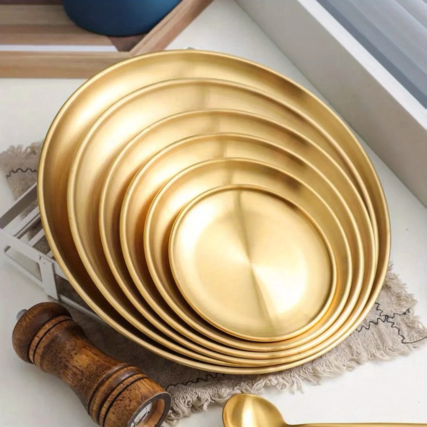 2Pcs Golden Stainless Steel Round Plate Set – Rust-Proof Shallow Trays for BBQ, Picnic & Kitchen Use (6 Sizes: 14cm–30cm)