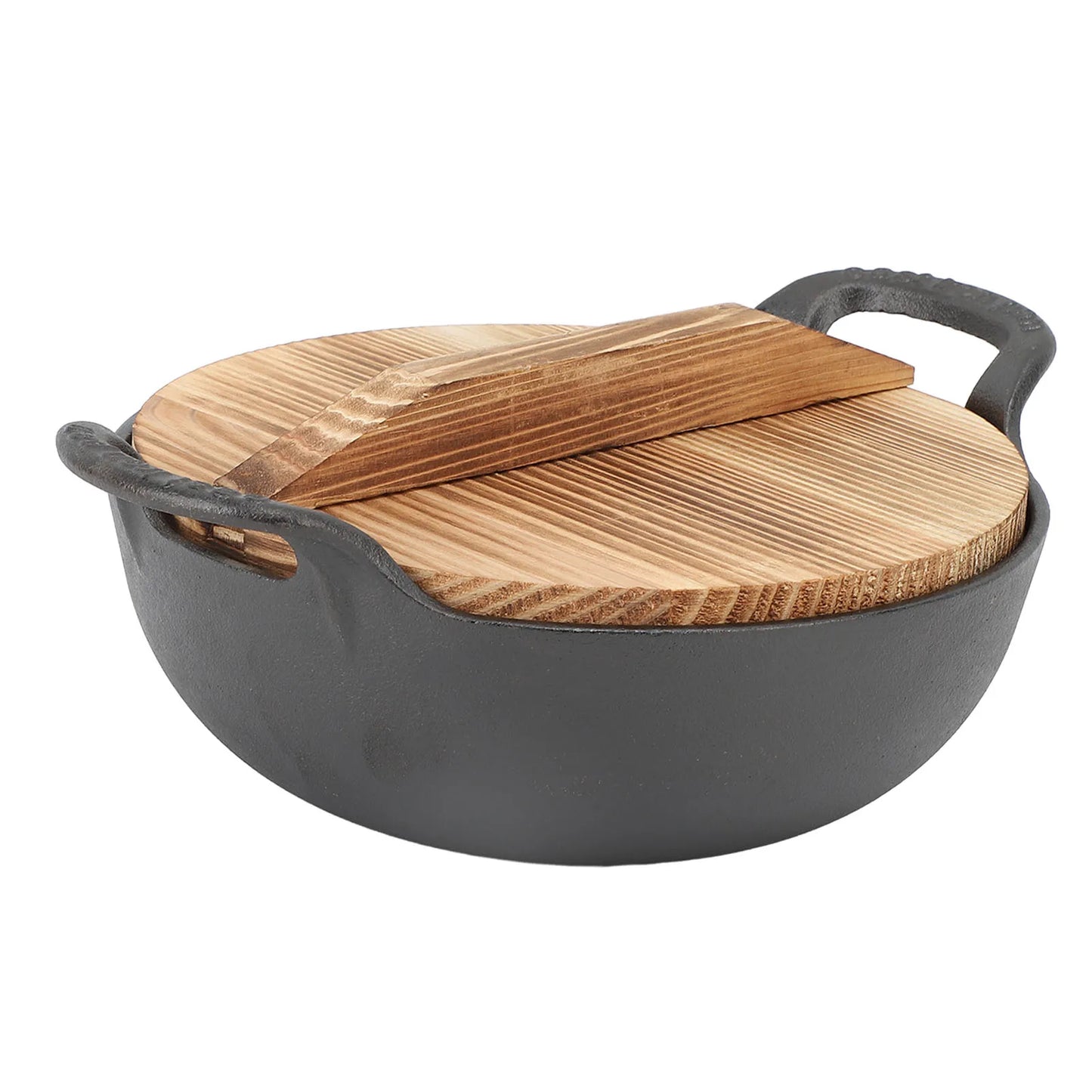 Pre-Seasoned Cast Iron Pan with Wooden Lid – Double-Handle Old-Fashioned Multifunctional Cooking Pot for Stews, Soups & Stir Fry (Available in 20cm, 25cm Sizes)