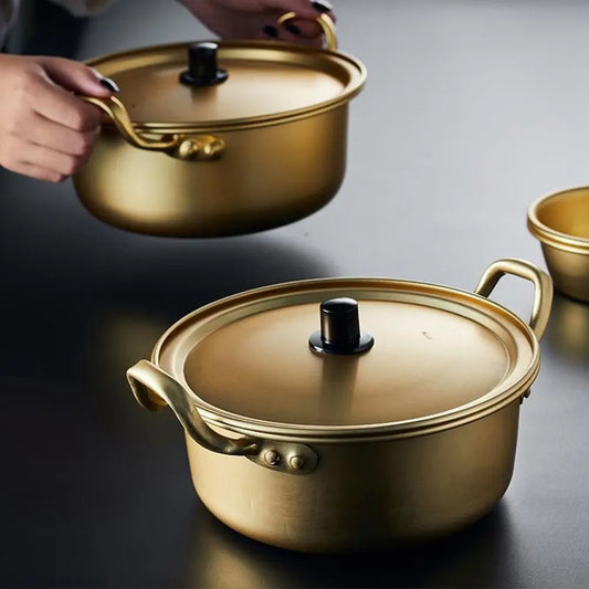 Golden Aluminum Noodle & Soup Pot with Lid – Ideal for Ramen, Milk, and Egg Cooking (Available in 16cm, 18cm, 20cm)