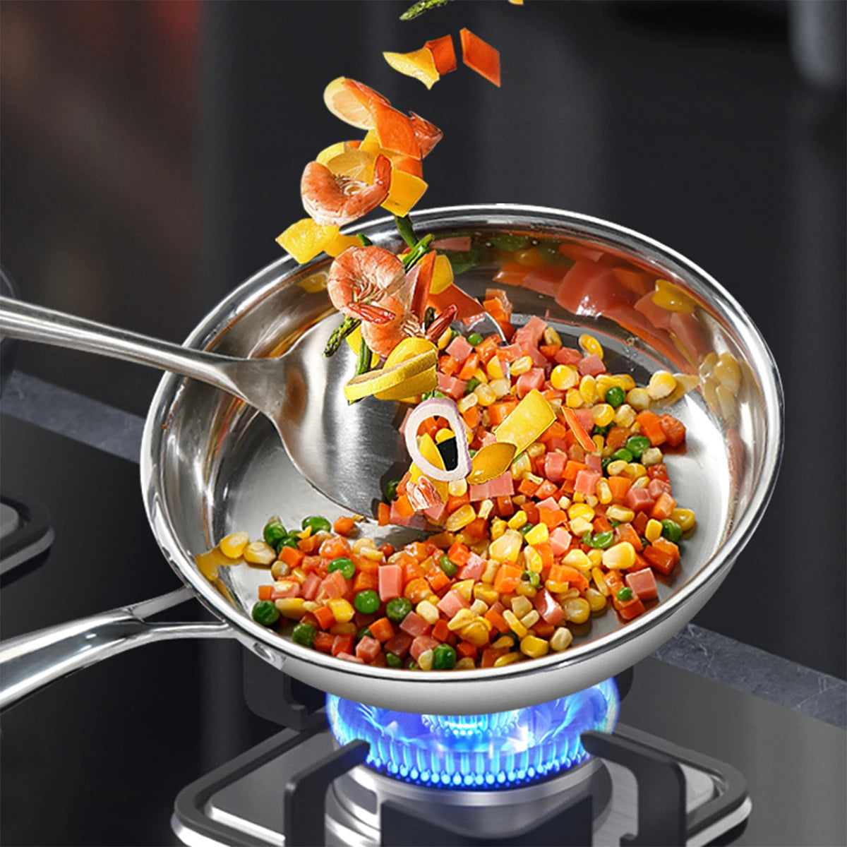 Stainless Steel Frying Pan with Long Handle – Premium Tri-Ply Construction–Professional Chef’s Skillet for Searing, Sautéing, Stir-Frying, Simmering & Pan-Frying Daily Meals– Induction, Gas & Electric Compatible Available in 22cm, 24cm, 26cm, 28cm & 30cm