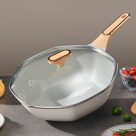 Octagonal Medical Stone Non-Stick Wok Frying Pan with Glass Lid – Deep Skillet for Stir-Fries, Sautéing, Frying, Soup, Noodles, Steak, Eggs, Pancakes & One-Pan Meals – Induction & Gas Compatible – Available in 30cm &  32cm