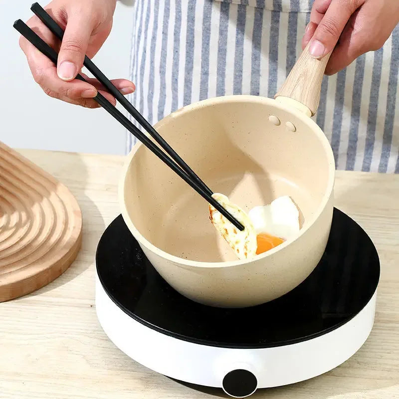 Maifan Stone Coated Non-Stick Saucepan with Wooden Handle – Multipurpose Pot for Boiling Milk, Heating Soups, Sauces & Daily Cooking – Available with or without Glass Lid – Induction & Gas Stove Compatible – Available in 16cm, 18cm & 20cm Sizes