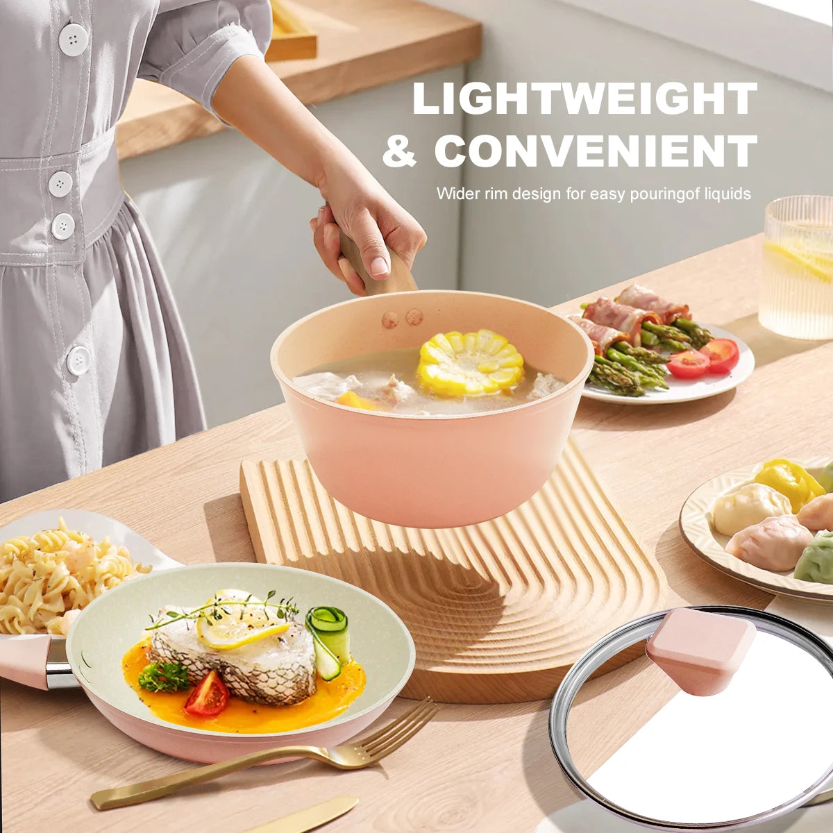 Blush Pink Non-Stick Cookware Set – Includes Skillet & Glass Lid, Mini Milk Sauce/Soup Pan – Ideal for Omelettes, Pancakes, Porridge, Soups, Sauces, Scrambled Eggs, Baby Food, Curries, French Toast & Daily Cooking – 3-Piece Set