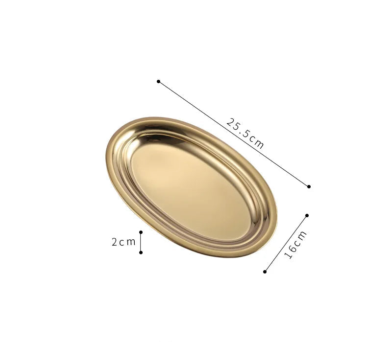 Golden 304 Stainless Steel Oval Plate – Flat Egg-Shaped Plate for BBQ, Grilled Fish, Noodles, Rice, Snacks, Desserts, Buffet & Daily Meals (Sizes: 25.5cm, 28cm, 30.5cm, 35cm, 39.5cm)