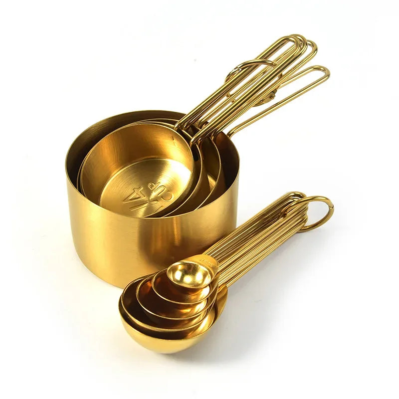 Golden Stainless Steel Measuring Cups & Spoons Set – Stackable Kitchen Tools for Baking, Coffee & Cooking, Available as 4 Cups, 5 Spoons or 9-Piece Set