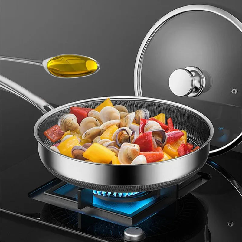 Honeycomb Stainless Steel Frying Pan with Glass Lid – Multi-Functional Non-Stick Skillet for Searing, Stir-Frying, Eggs, Pancakes, Sauces & Daily Cooking – Works on All Stovetops – Available in 26cm, 28cm & 30cm