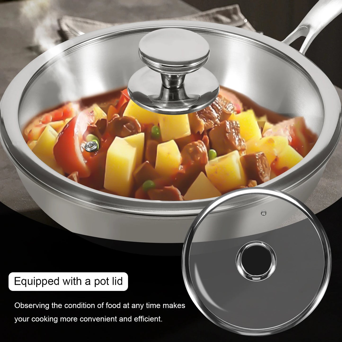 Stainless Steel Skillet with Clear Glass Lid – Uncoated, 304 Even-Heat Cooking Pan for Stir-Fry, Sauteing, Frying & Daily Kitchen Use – Size: 26cm