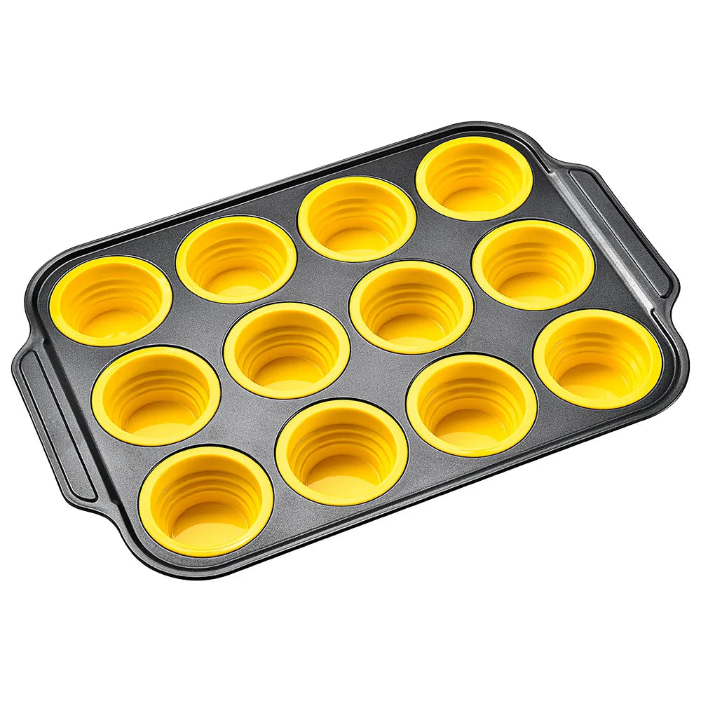 Collapsible Silicone Muffin Pan with Metal Frame Yellow 12 Holes